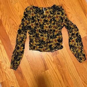 Free People Low Cut Floral Black and Yellow Women's Top